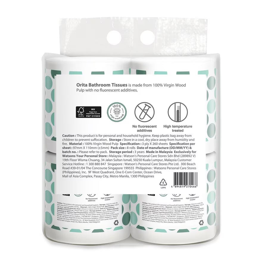 ORITA TOILET ROLL 3PLY 260 SHEETS X 8S