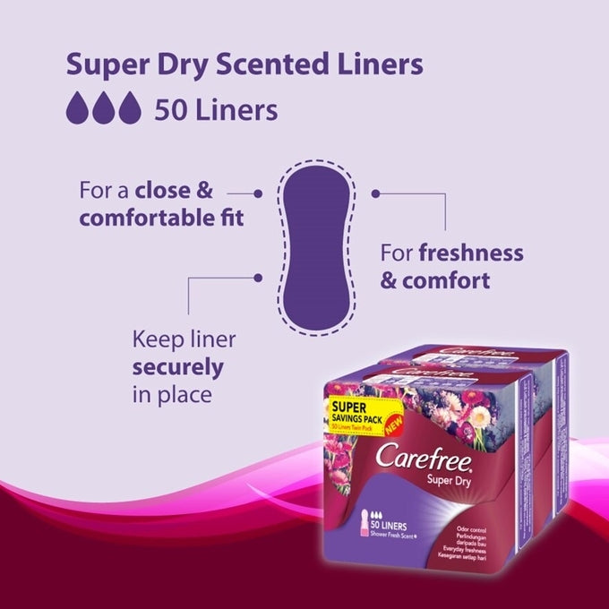 CAREFREE SUPER DRY SHOWER FRESH SCENT LINERS 2X50S